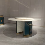 White Marble Round Dining Table with Teal & Gold Stainless Steel Accents